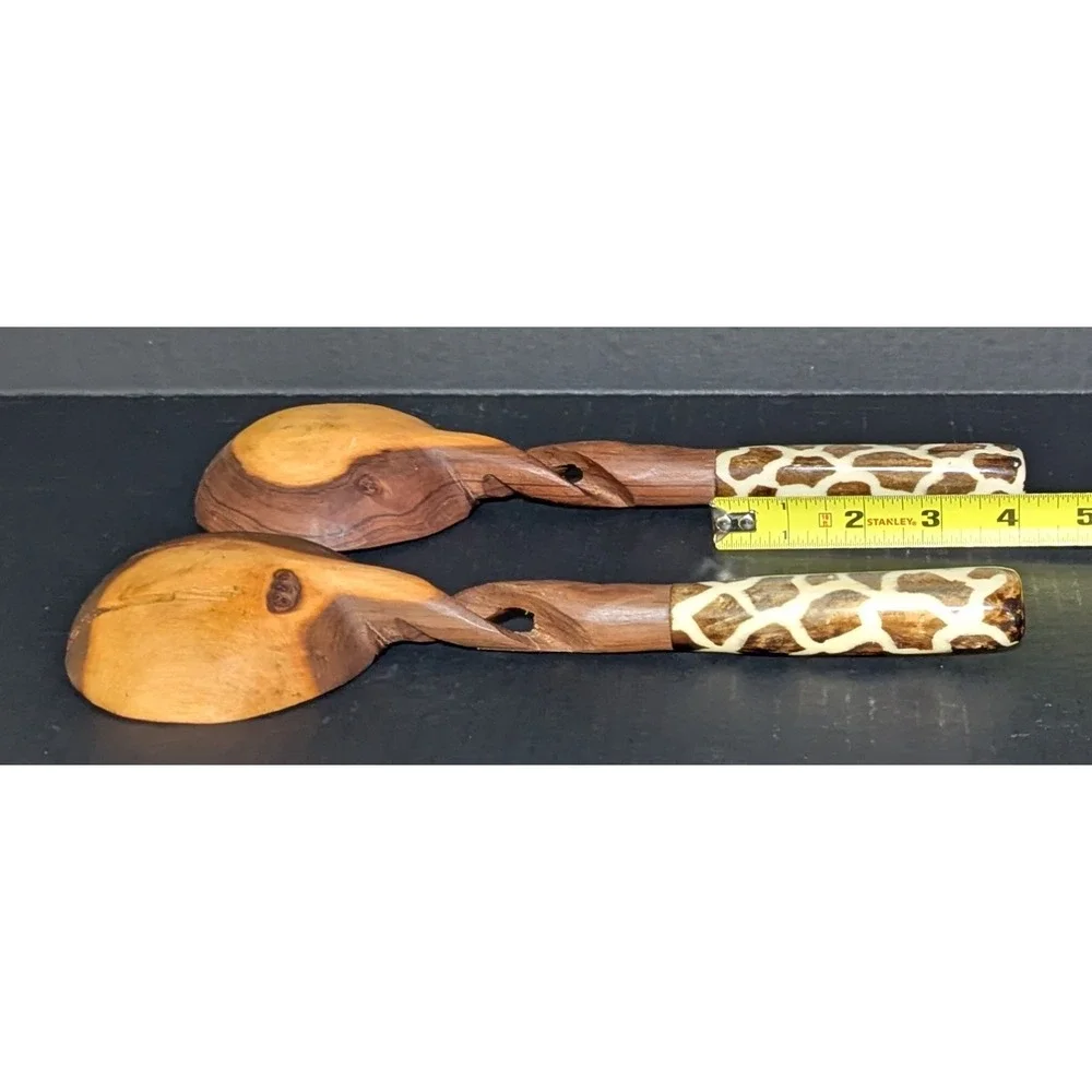Hand-Carved African Olive Wood Salad Serving Set Giraffe Print Handles